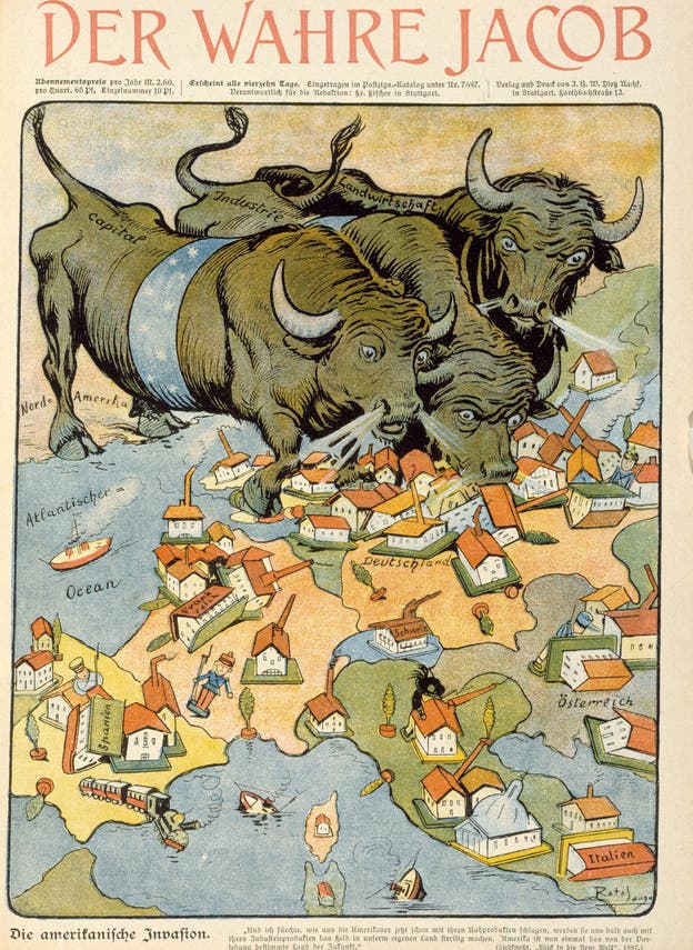 Amerika, der Trampel: Illustration aus der deutschen Zeitschrift «Der wahre Jakob», 1900.